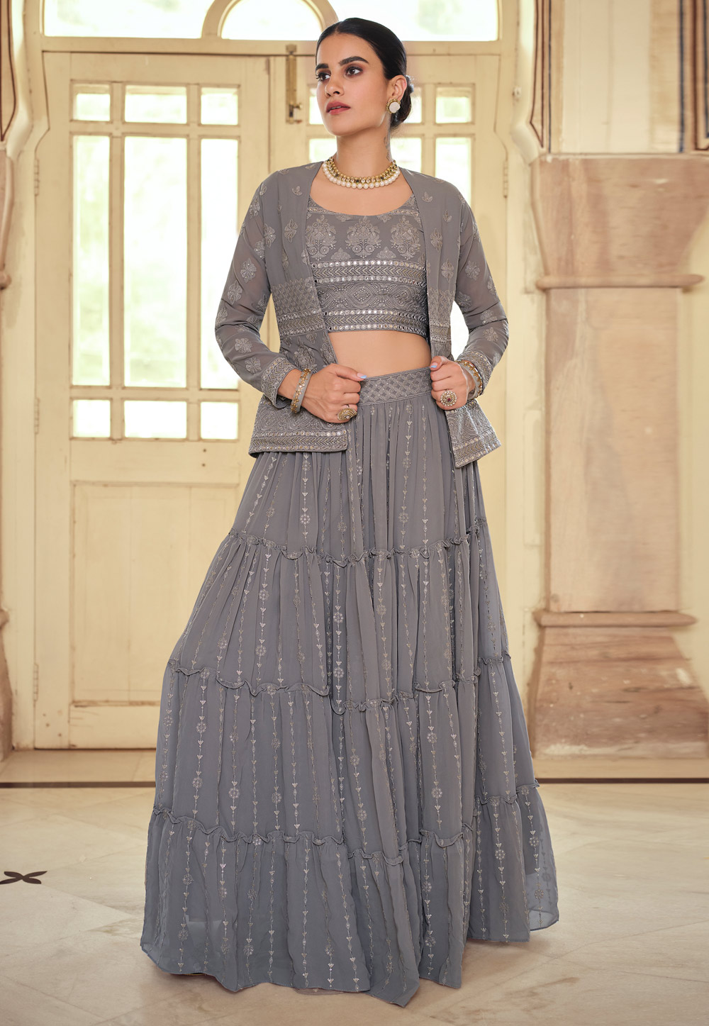 Grey georgette readymade jacket style lehenga choli 8204