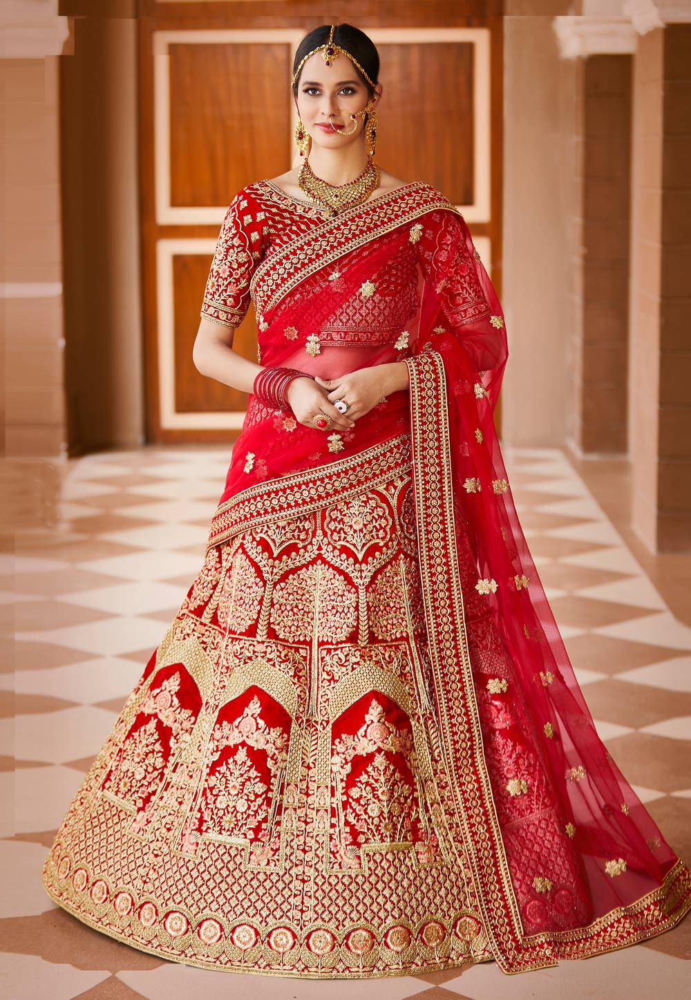 Red velvet discount lehenga for bridal