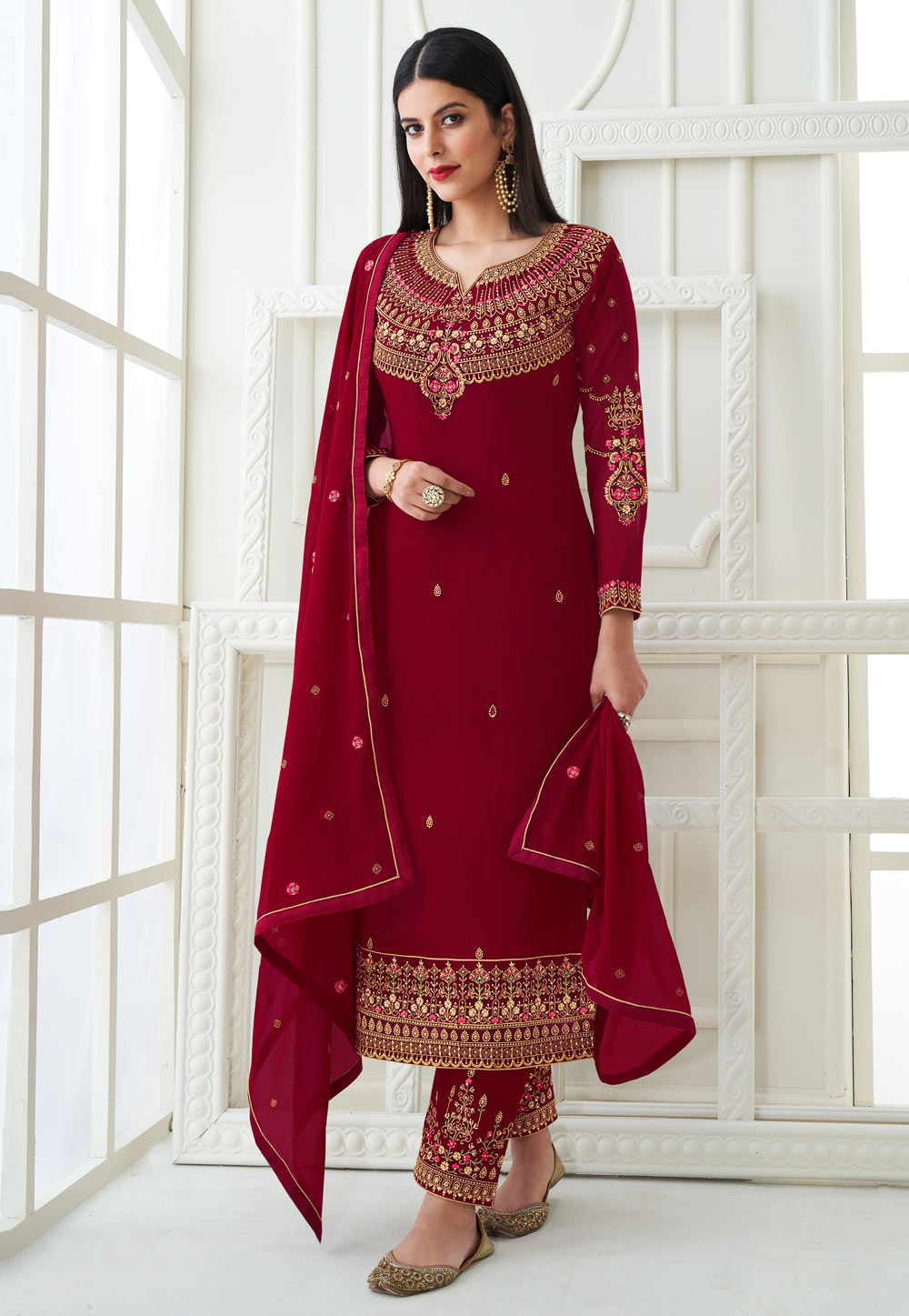 Maroon georgette kameez with pant 8467