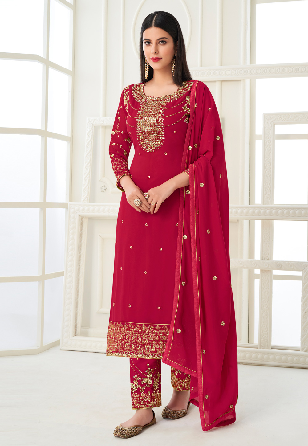 Pink georgette pant style suit 8464