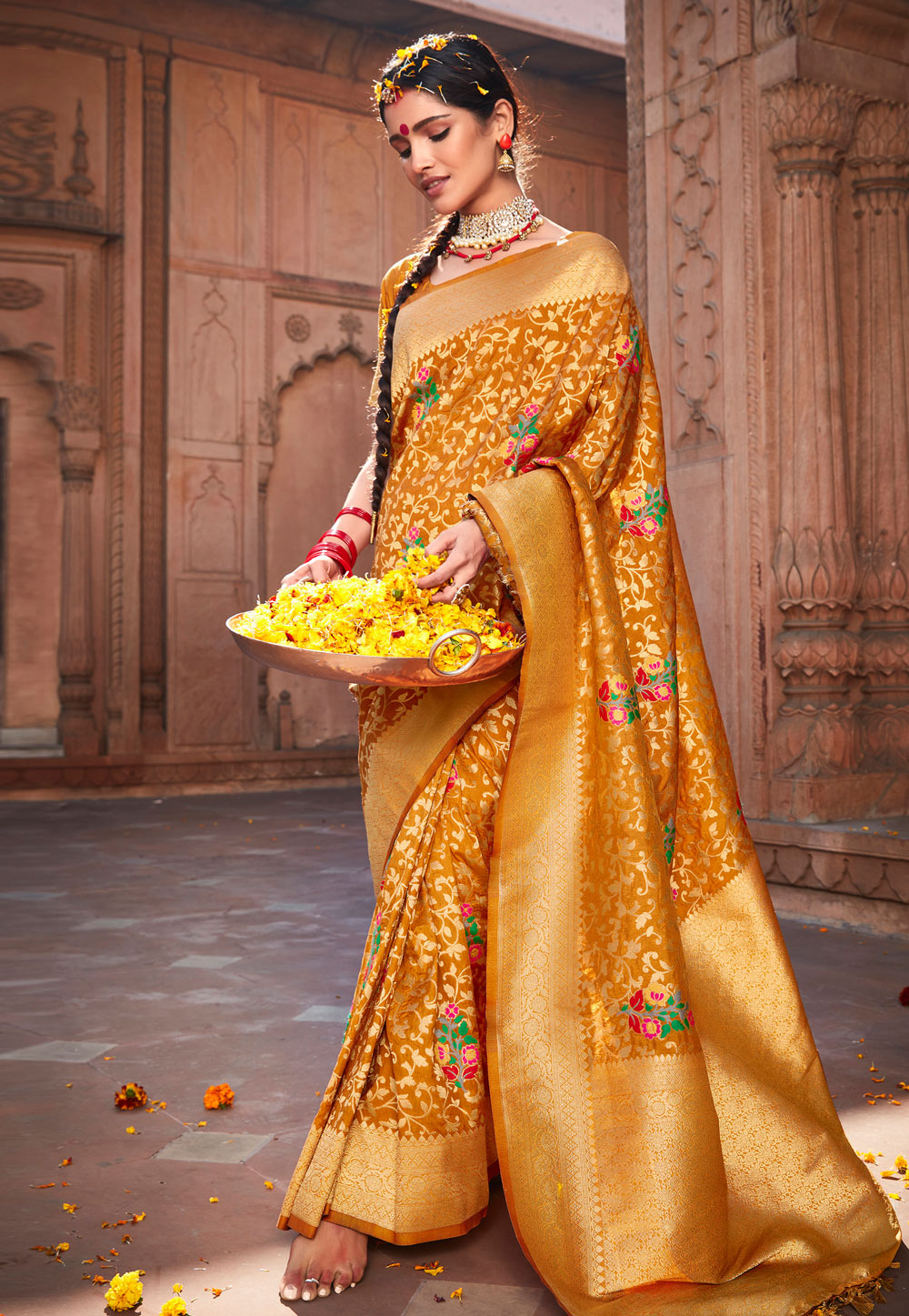 Buy Designer Heavy Silk Saree - Mustard Yellow Online | Zari Butta