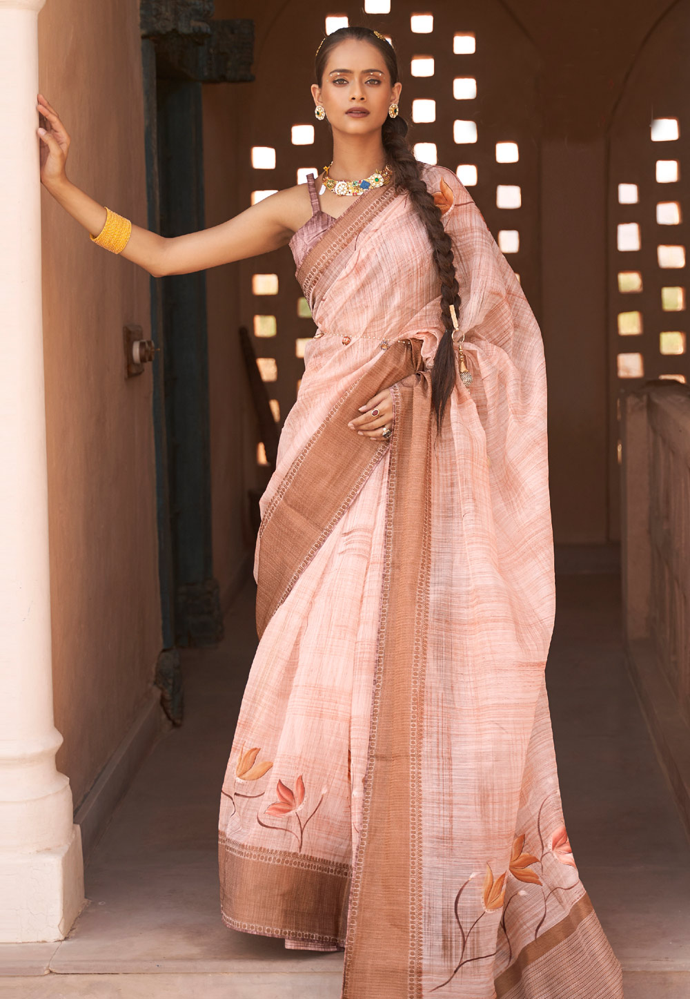 Silk Saree With Silk U Neck Blouse In Dark Peach Color - Dmv12257