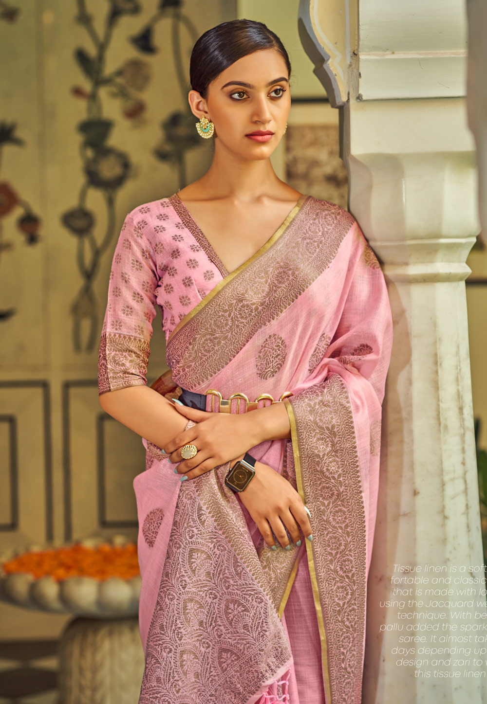 Silver Tissue Saree with Contrast Blouse - Designerkloth