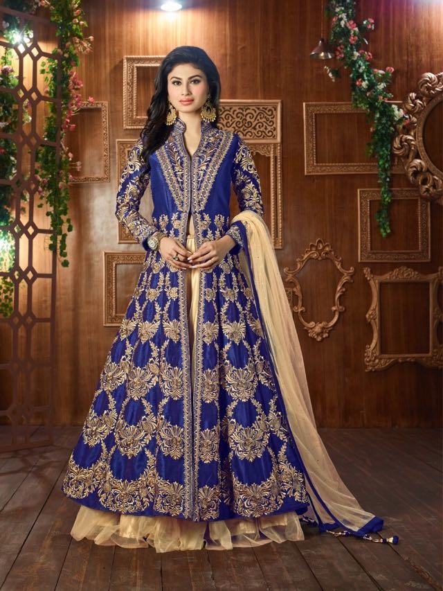 Mouni Roy Royal Blue Tapeta Silk Wedding Wear Lehenga Style