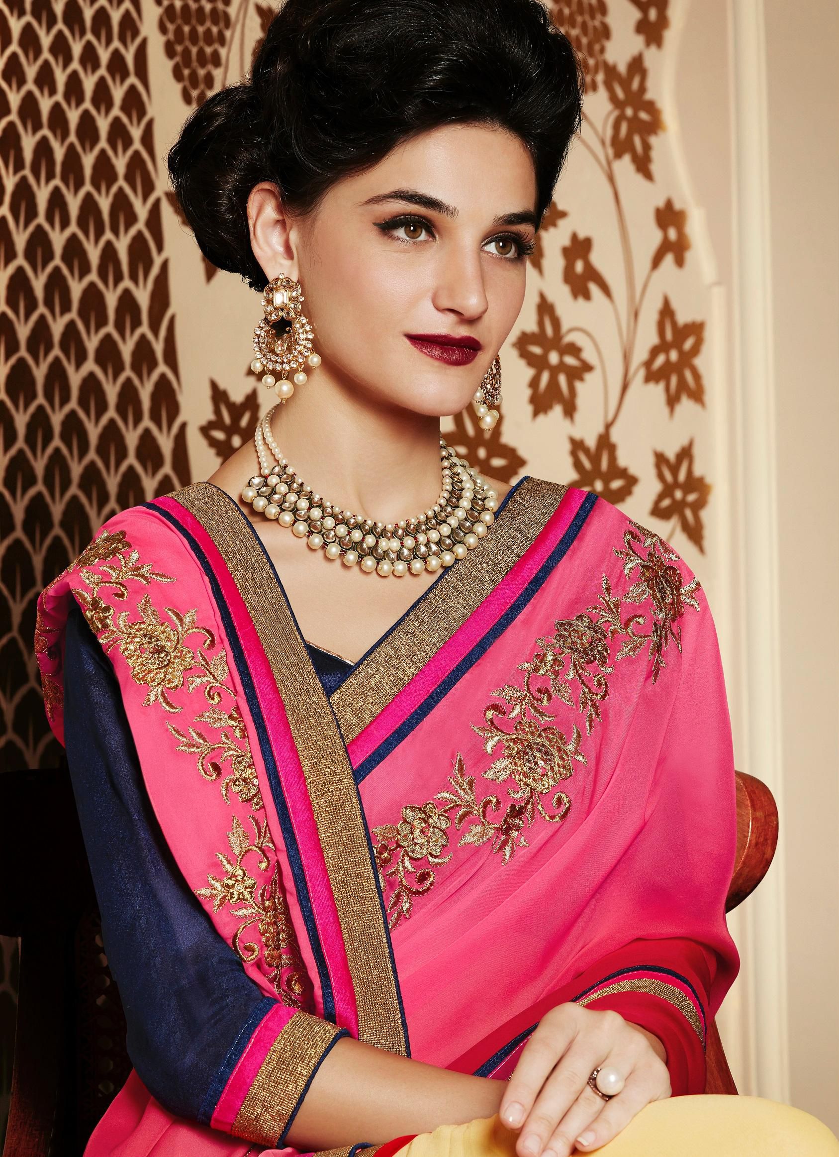 Partywearpinkbeigeredcolorsaree
