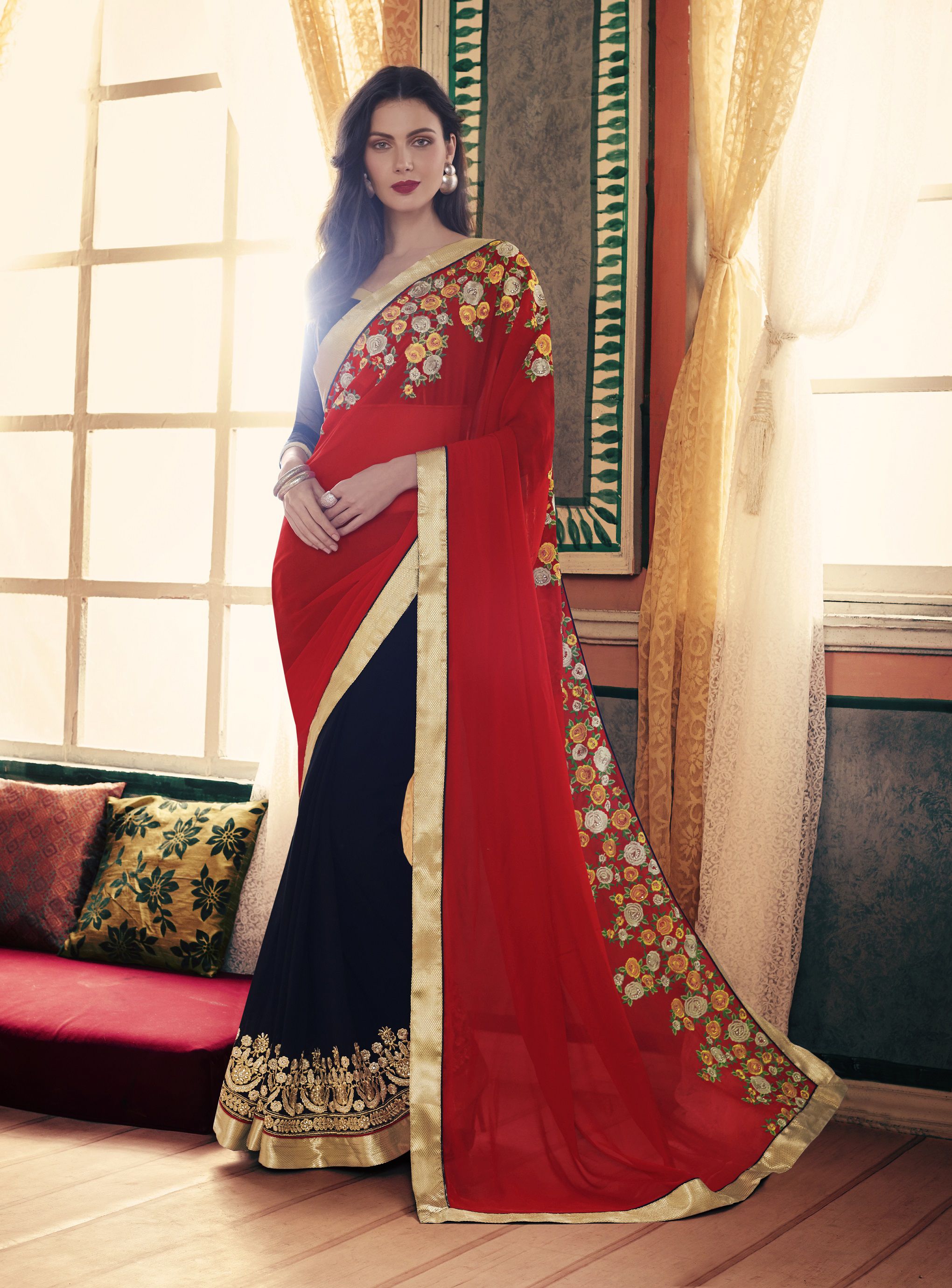 red black party wear saree
