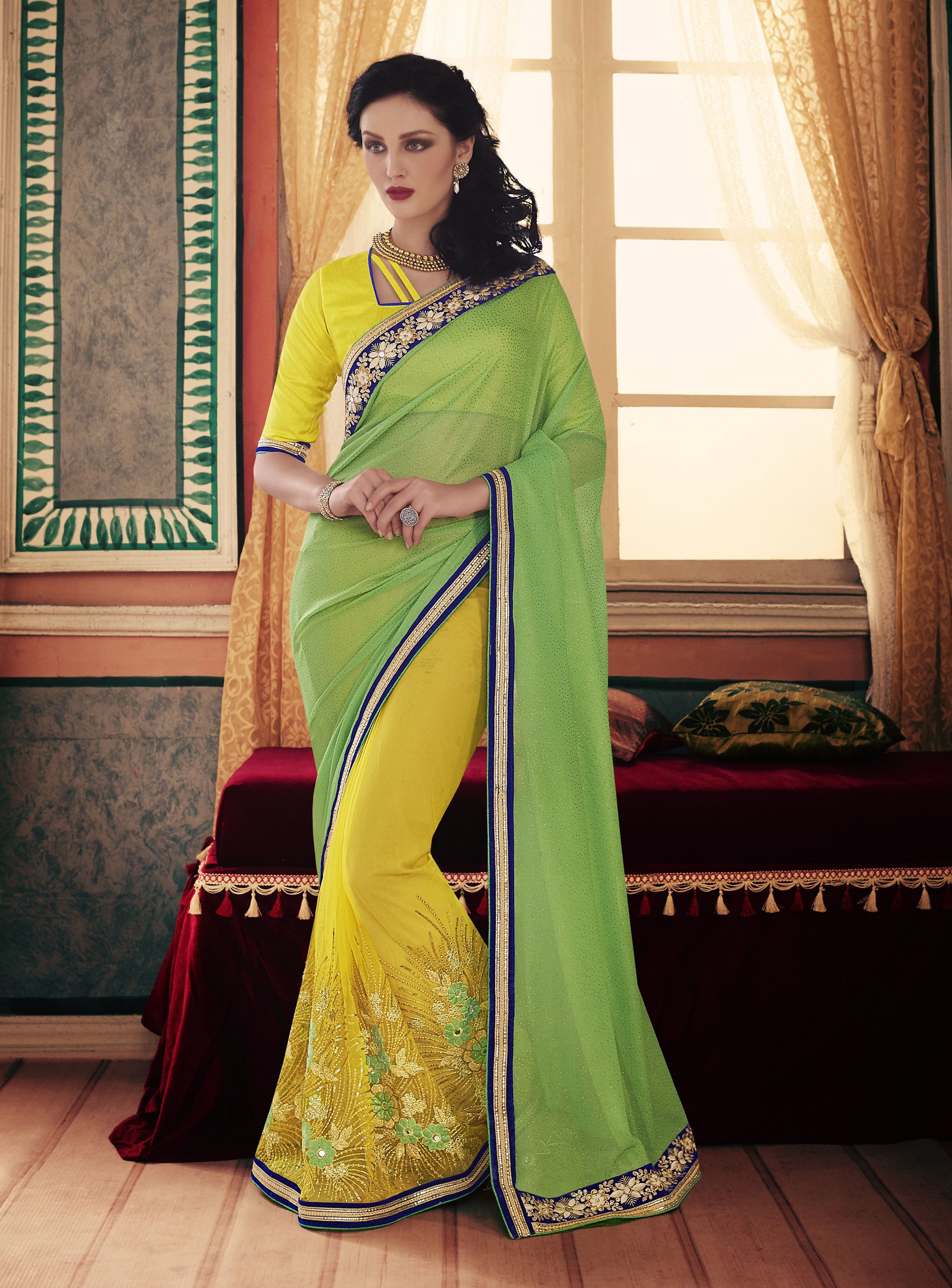 PartywearYellowGreencolorsaree