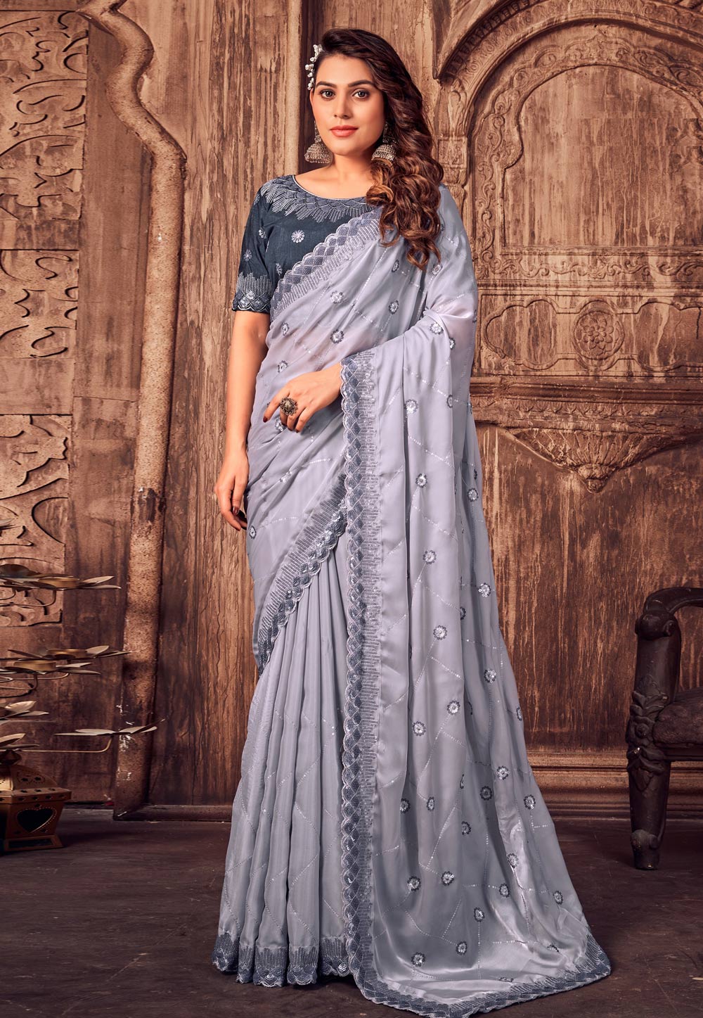 Ash Grey Pure Silk Dupion Saree With Zari Border And blue Blue Color Pallu  - BOVEEE - 3795167