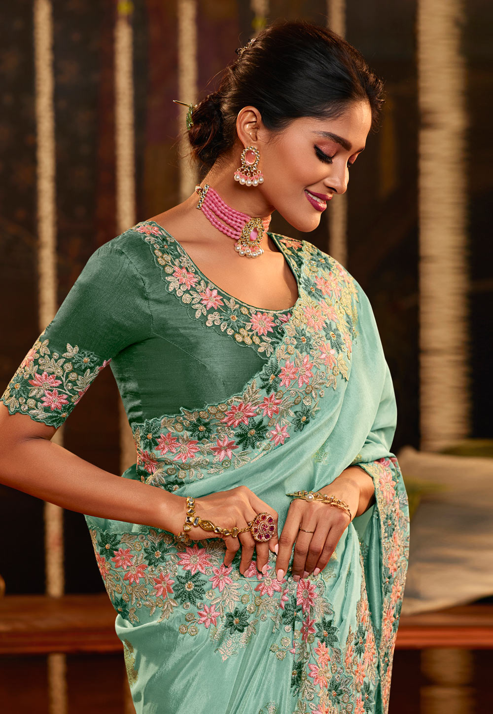 Viscose Saree with blouse in Aqua colour 7607