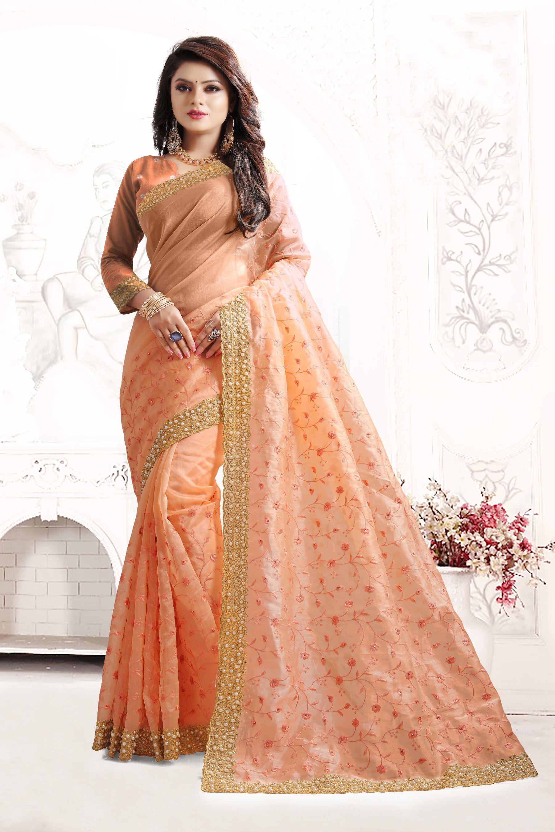 Peach color saree for wedding sales