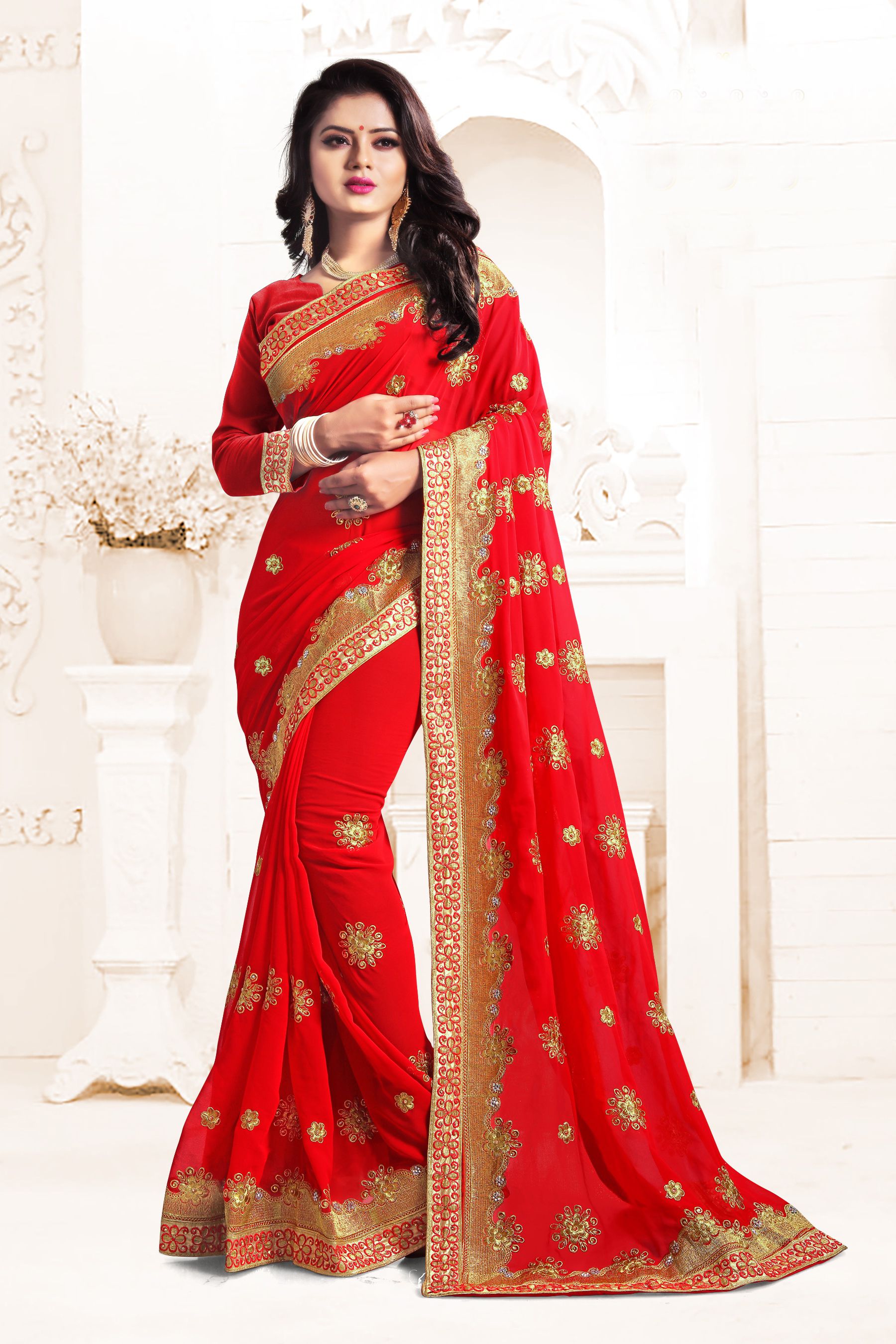 Indian Wedding Georgette Red Colour Saree 1556