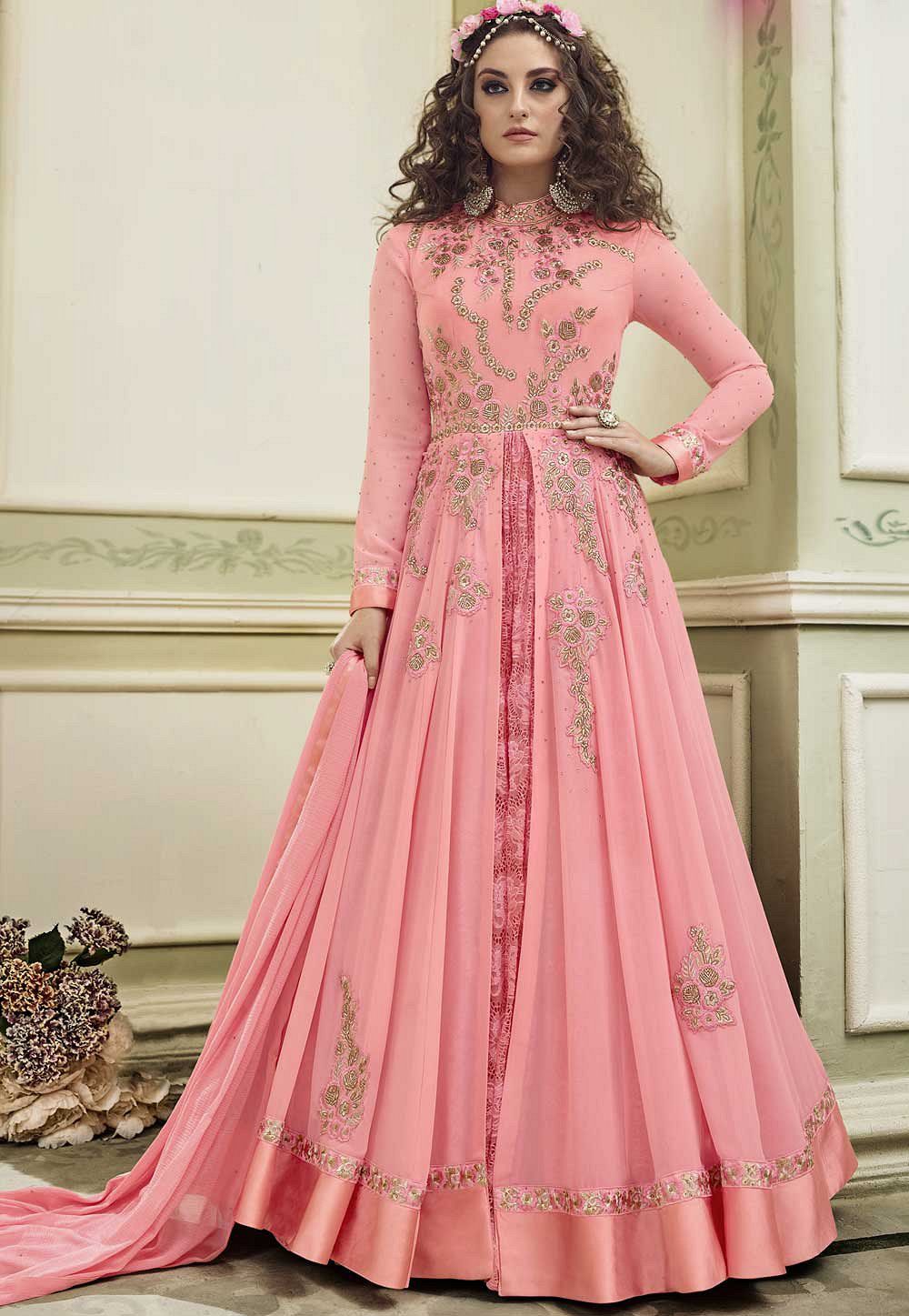 Buy Light Pink color georgette wedding anarkali suitin UK, USA and Canada