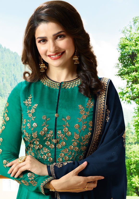 Bollywood Prachi Desai Teal Silk Indian wedding anarkali 8073