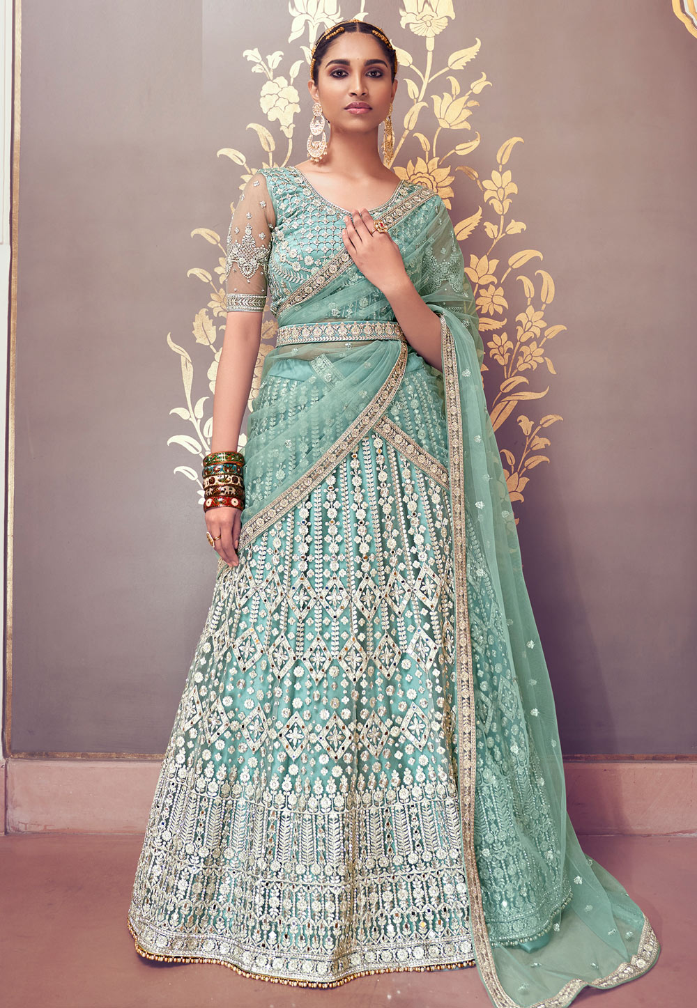Sea green net circular lehenga choli 5192
