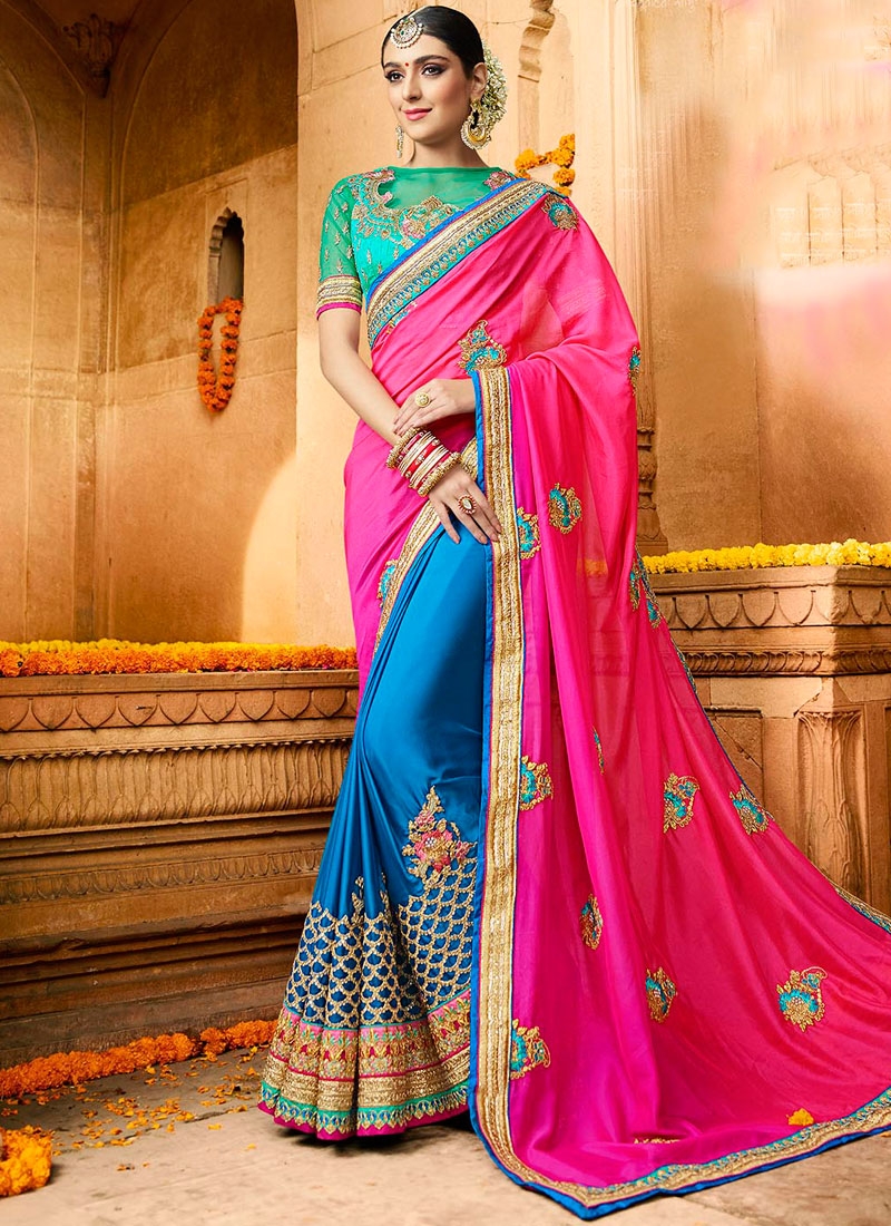 Buy Royal blue Barfi silk saree Indian wedding saree double blouse in UK,  USA and Canada