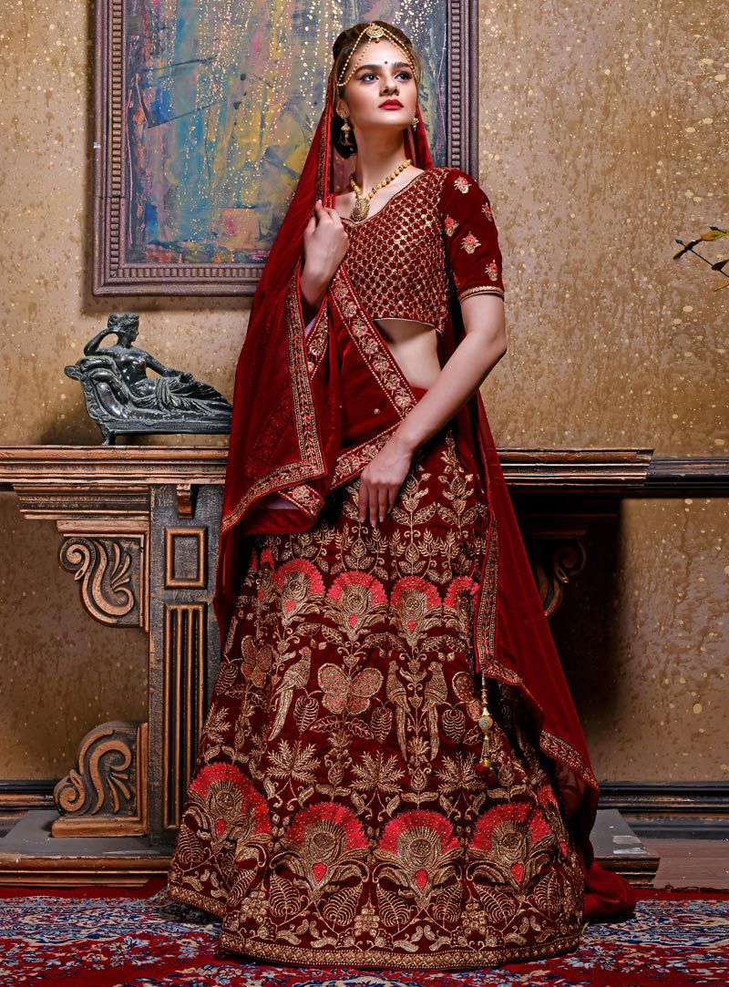 Buy Maroon color velvet Indian wedding lehenga in UK, USA and Canada