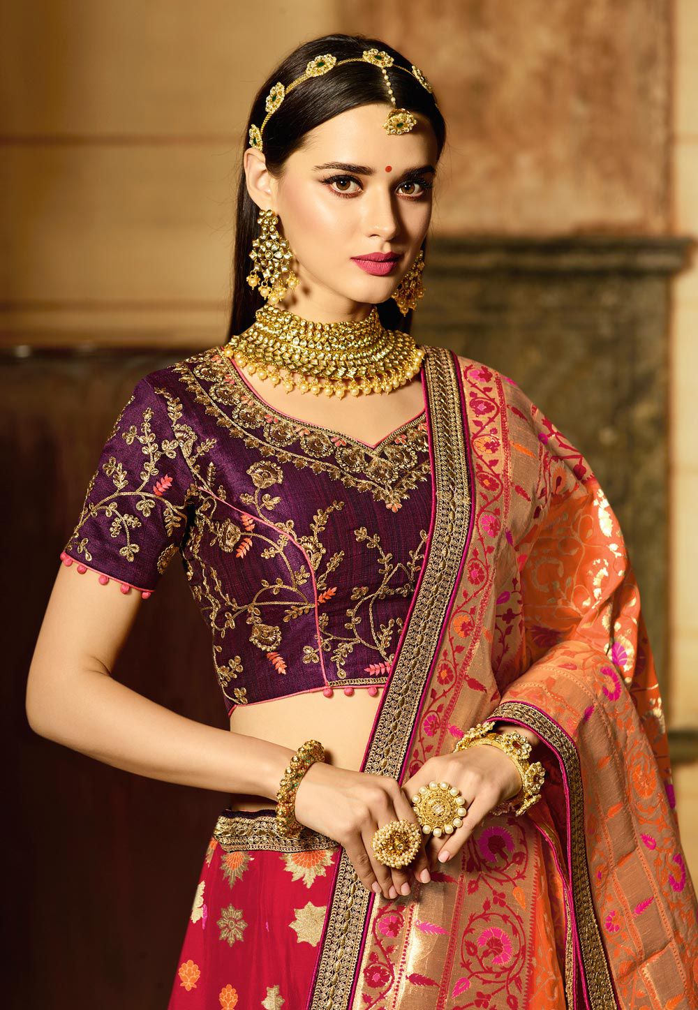Buy Red peach and purple Indian wedding Banarasi silk Lehenga in UK ...