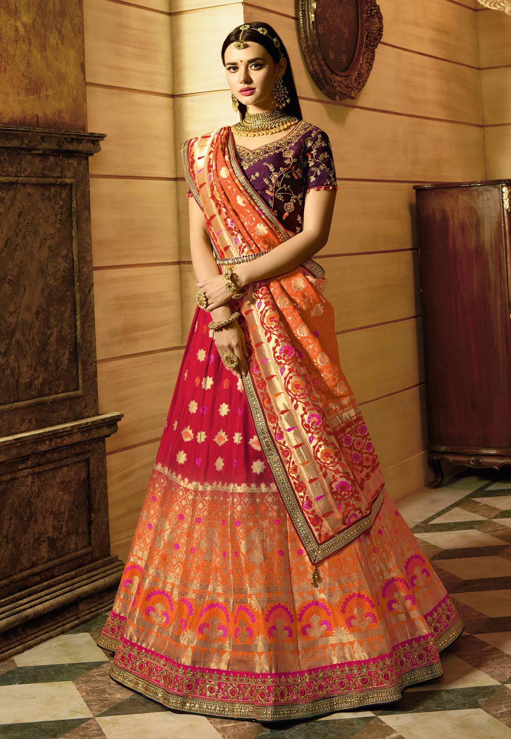 red and purple bridal lehenga