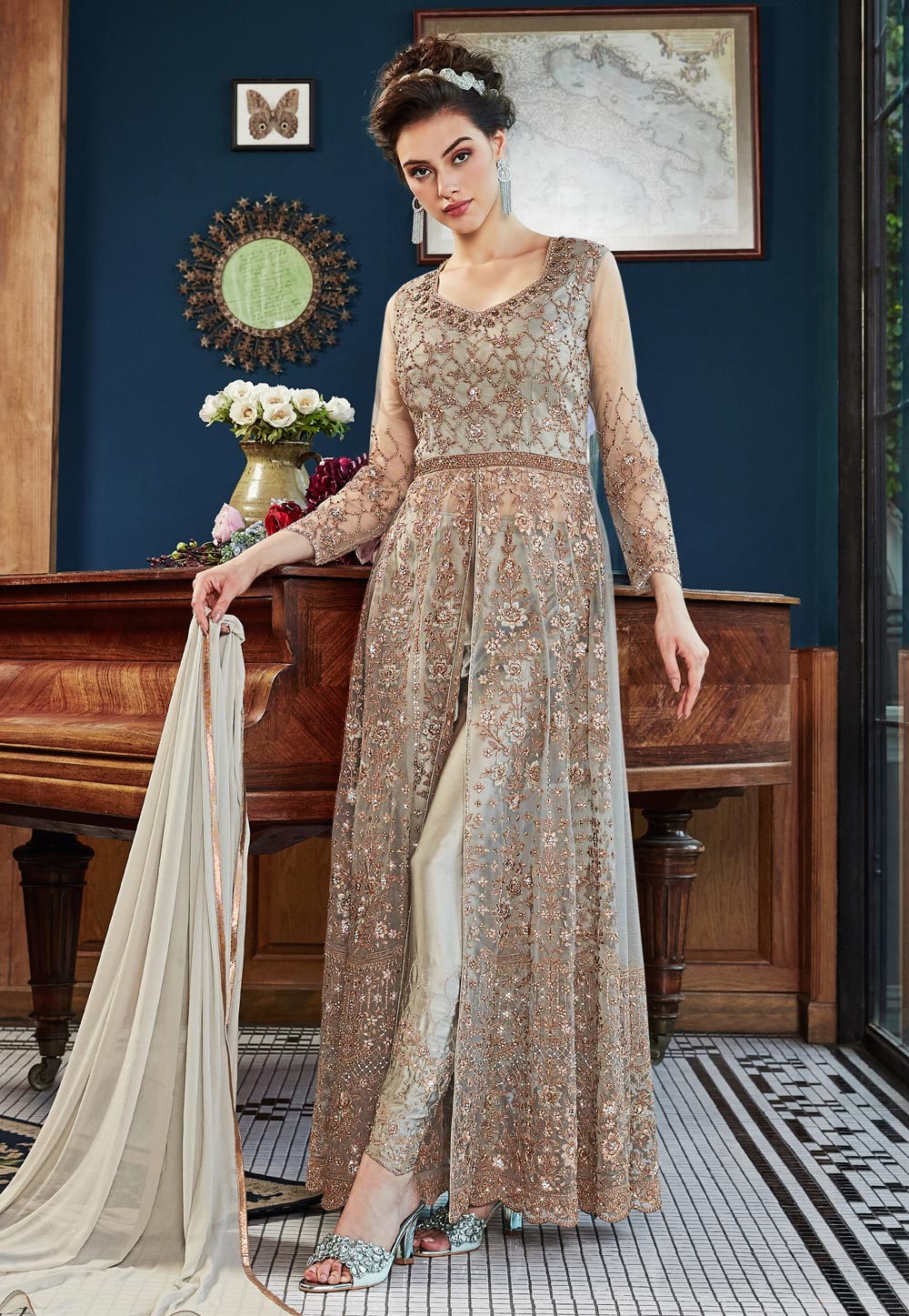Gray satin embroidered center slit 
