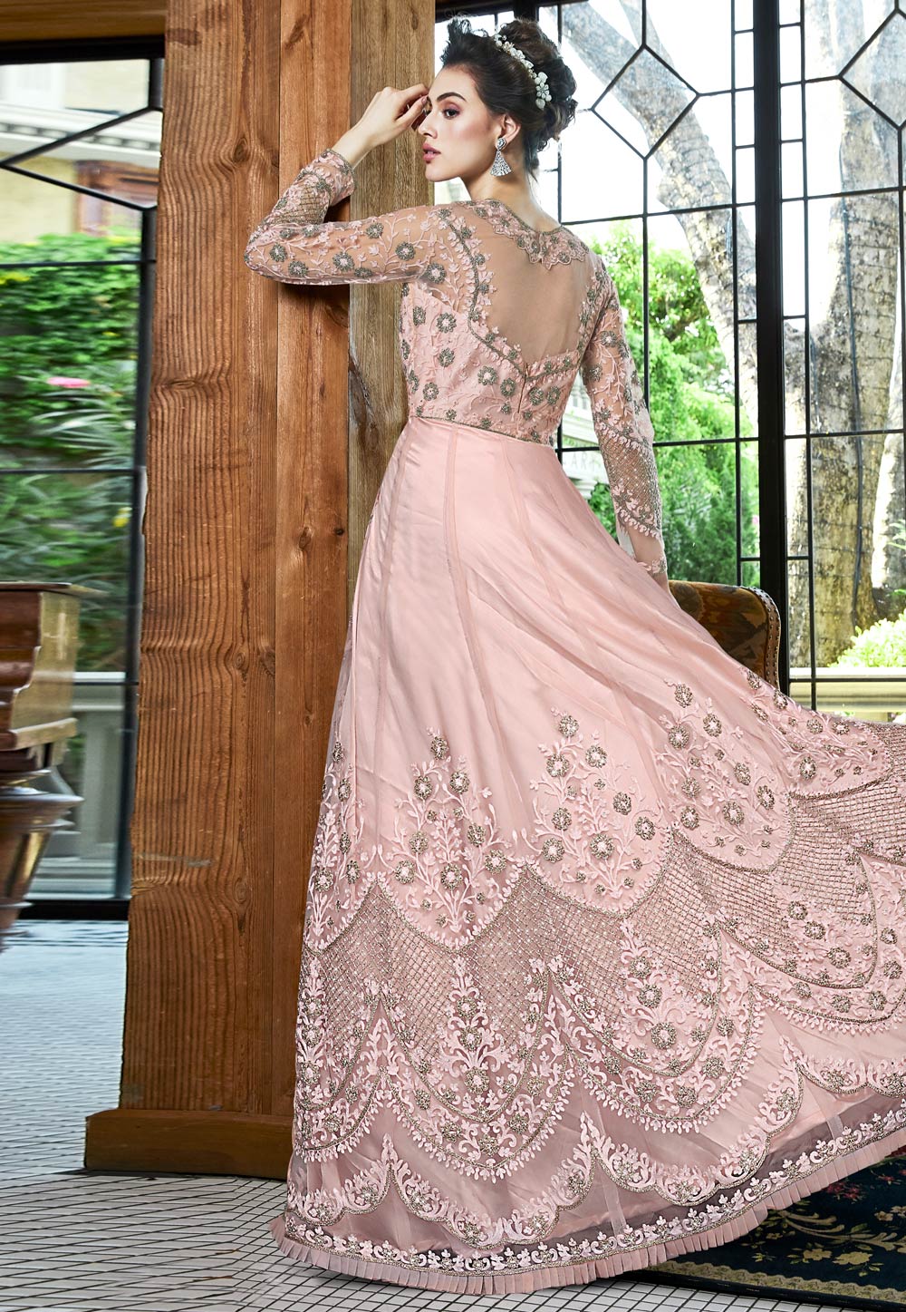 Pink net embroidered abaya style anarkali suit 4535
