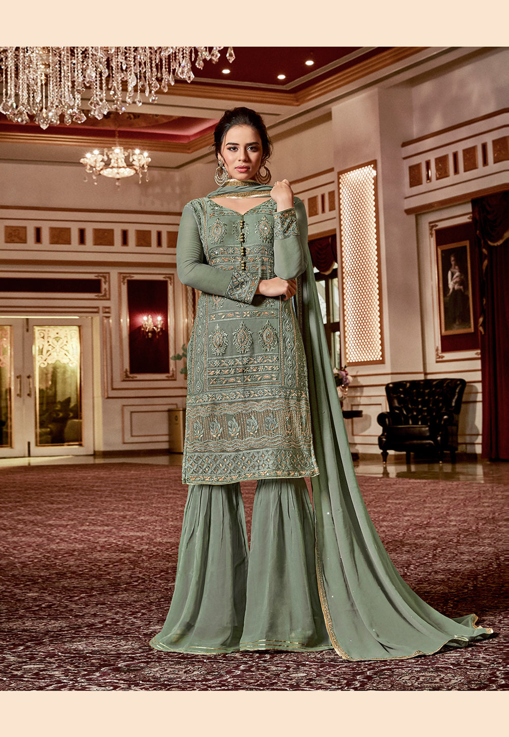 Sea green georgette embroidered sharara 