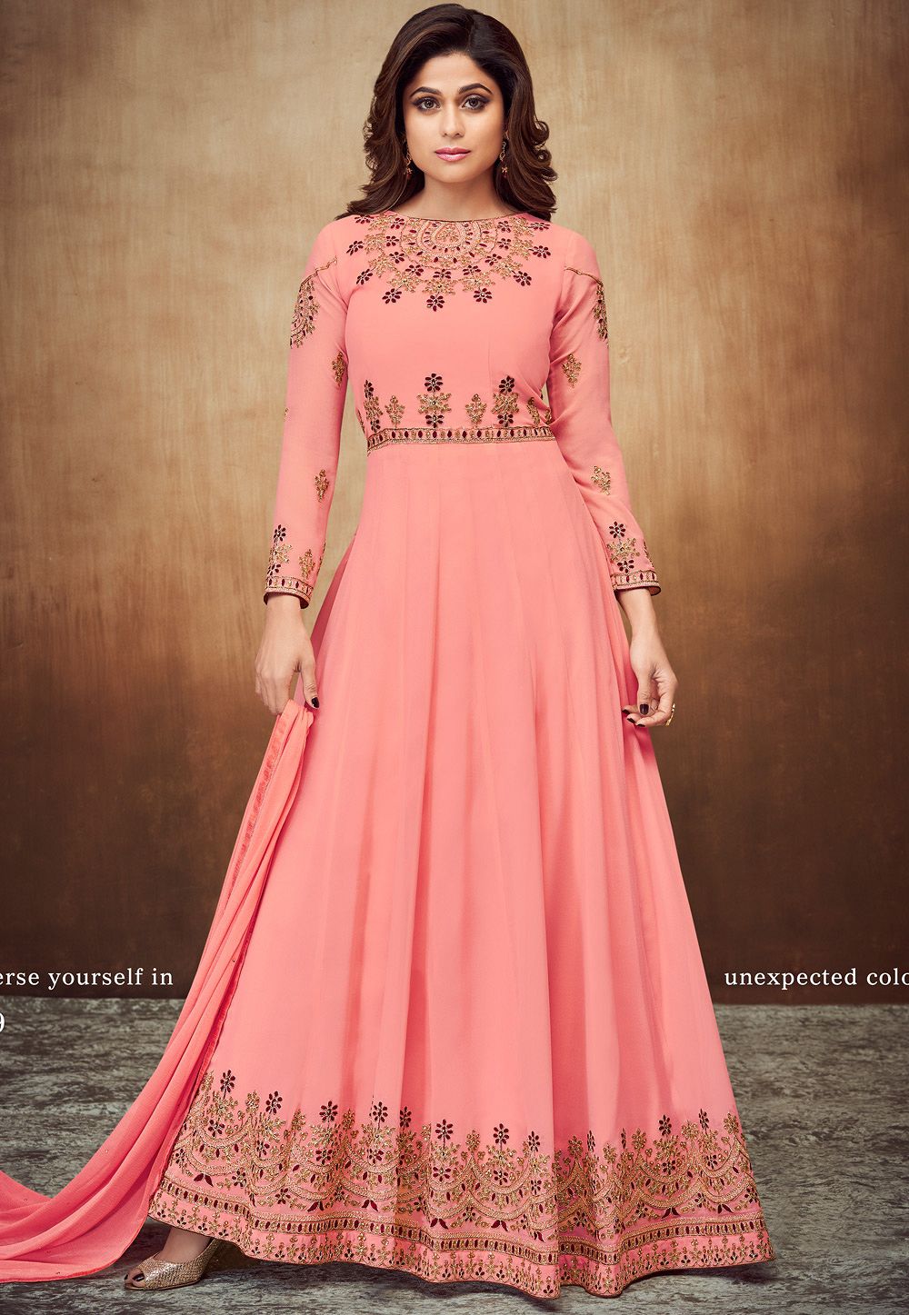 shamita shetty pink georgette embroidered party wear anarkali suit 8059