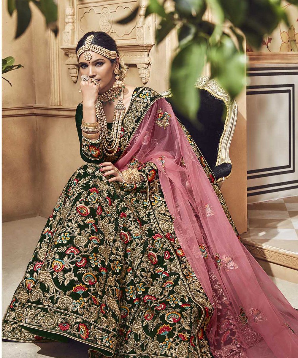 Bottle Green Wedding Wear Embroidered With Embellished Net Lehenga Choli