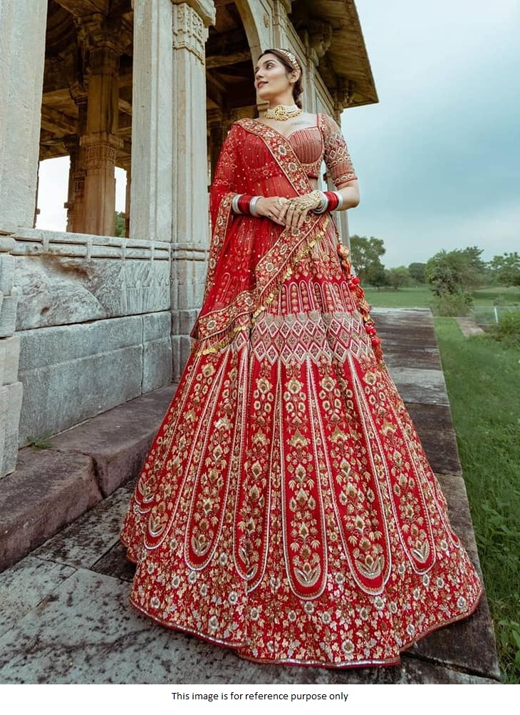 Buy Bollywood Model Red silk wedding lehenga choli in UK, USA and Canada