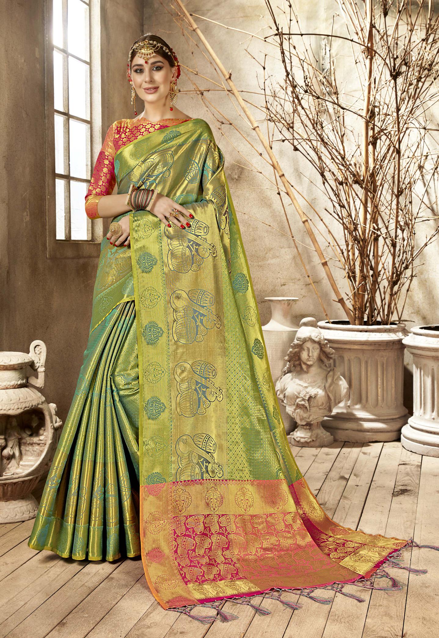 Two Tone Green Kanchipurami Silk Rich Zari Work Kanchipuram Silk Saree 63341 