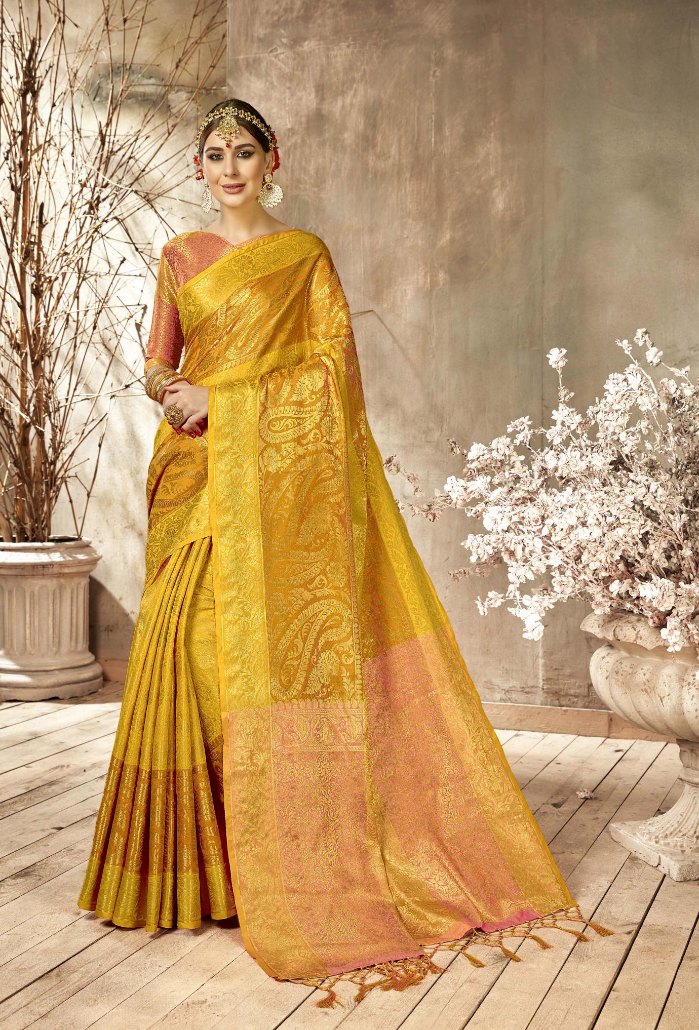 Two Tone Yellow Kanchipurami Silk Rich Zari Work Kanchipuram Silk Saree 63343 