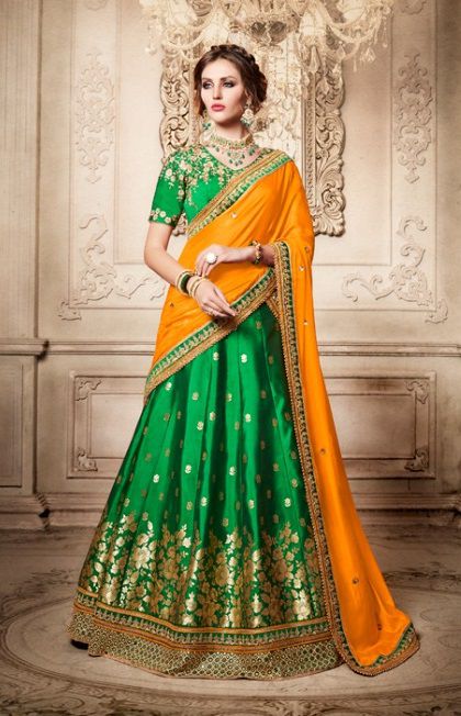 Party Wear Green Orange Lehenga 4084