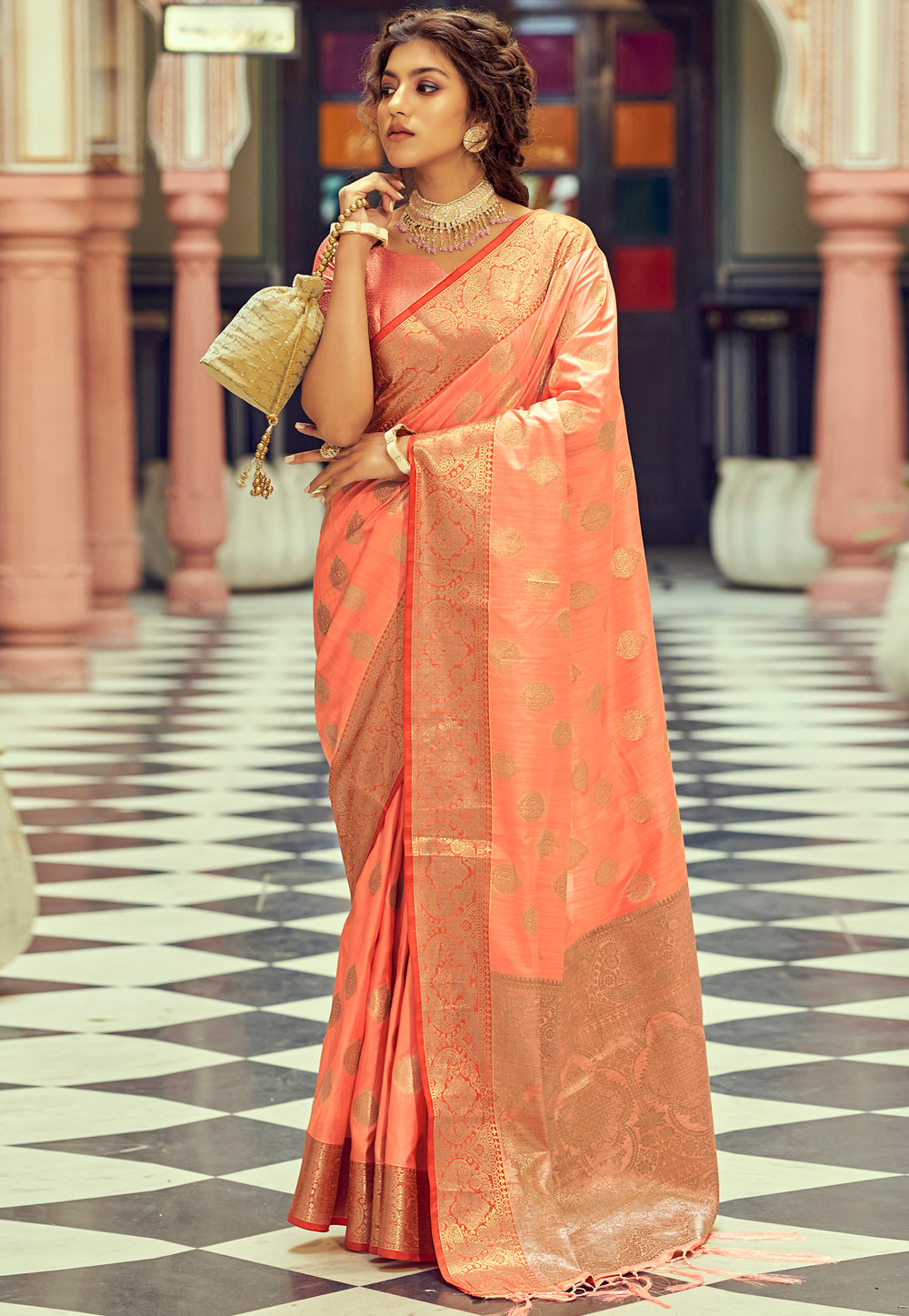 Soft Peach & Green Banarasi Saree Blouse for Woman Flawy Light Weight Saree  Party-wear Saree - Etsy