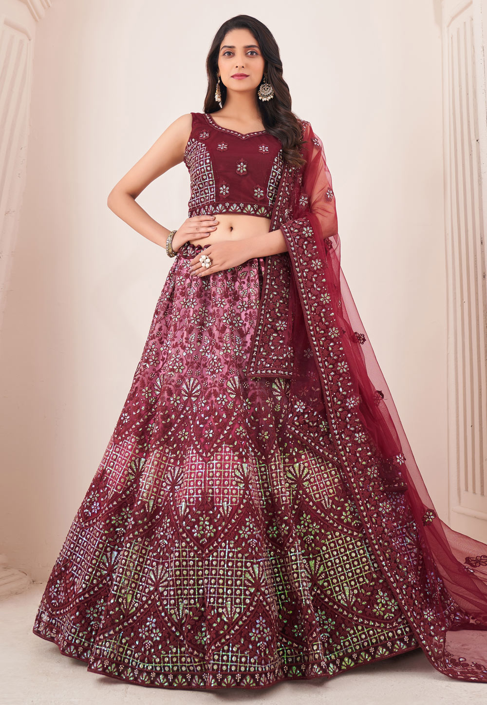 Soft net circular lehenga choli in Maroon colour 73004