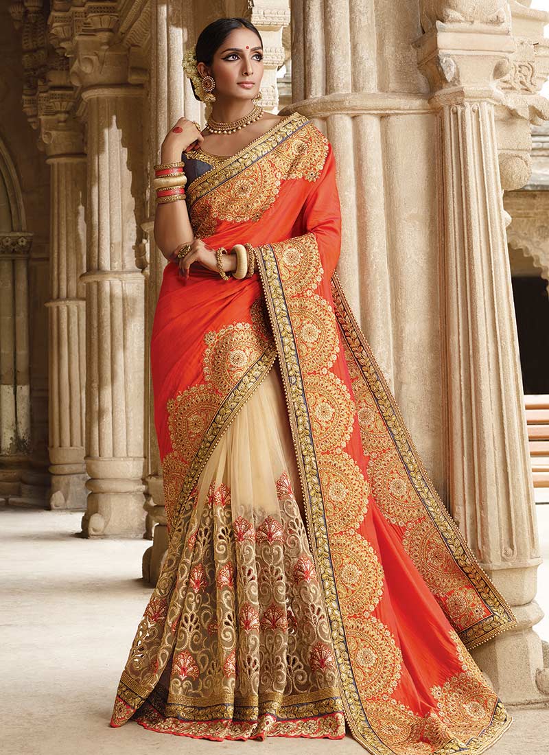 Beige Maroon Embroidery Work Georgette Net Designer Party Wear Half Sarees.  Buy online shopping sarees at - Uk.