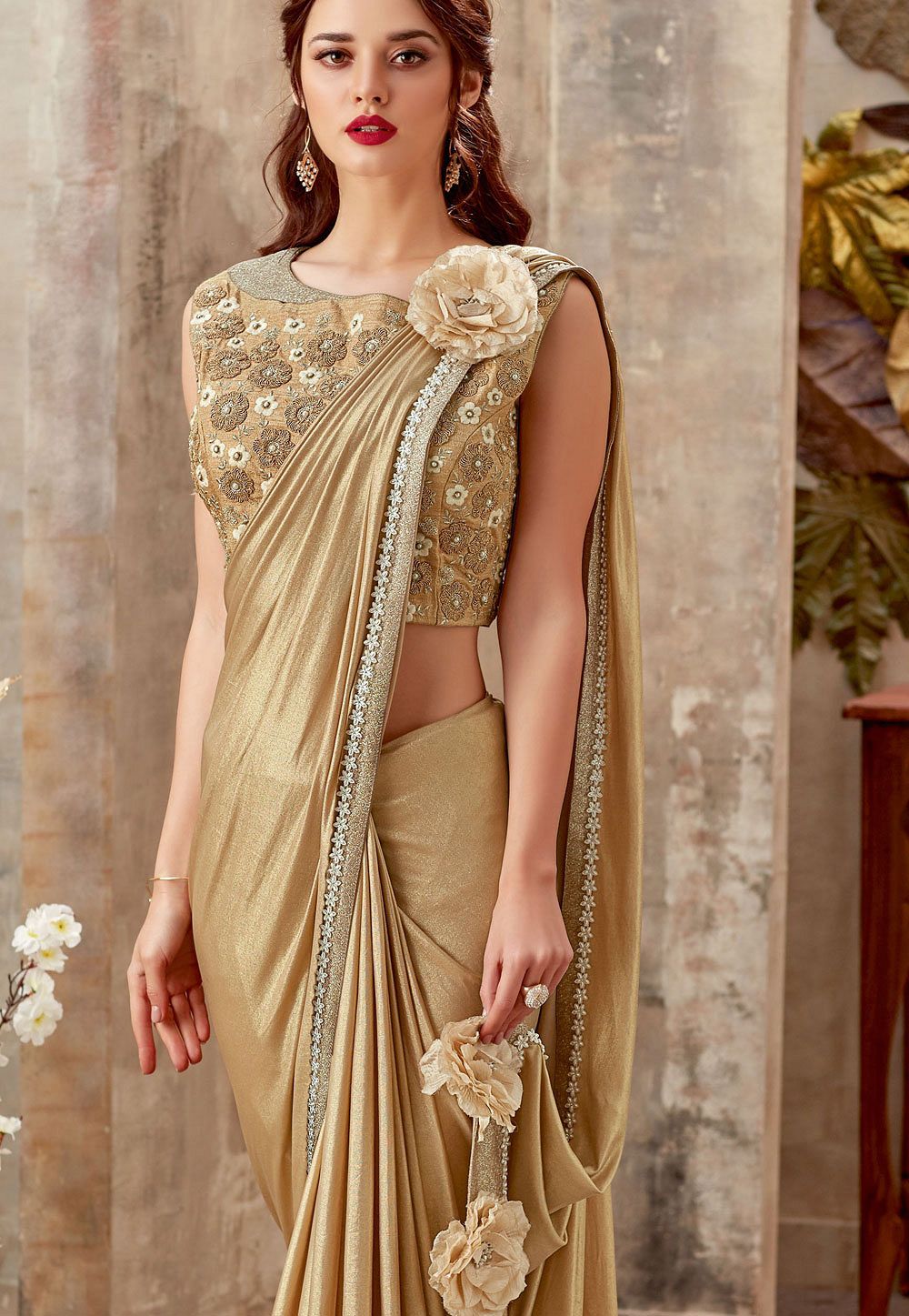 Buy Gold shimmery designer party wear saree in UK, USA and