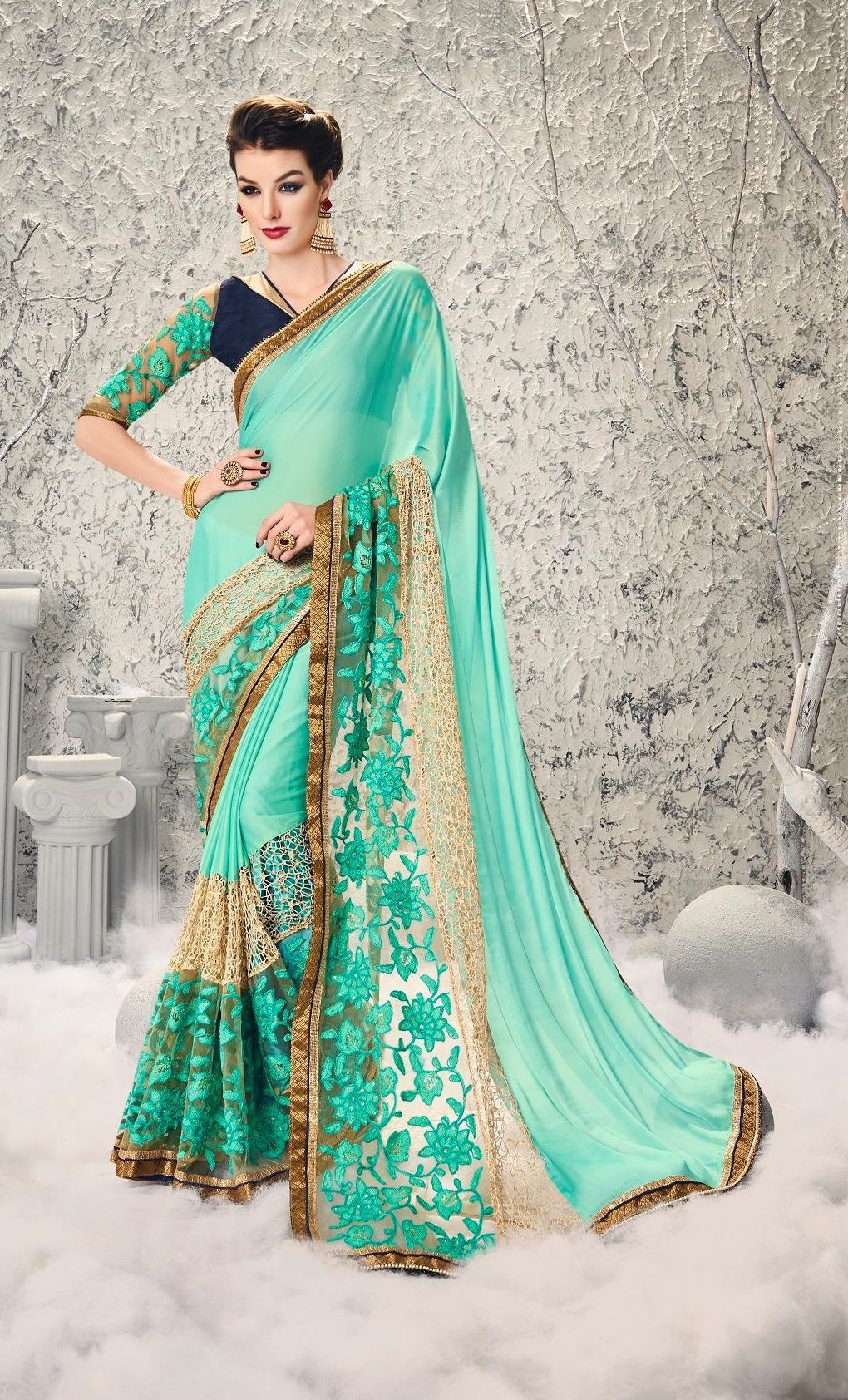 Party-wear-Seagreen-Gold-color-saree