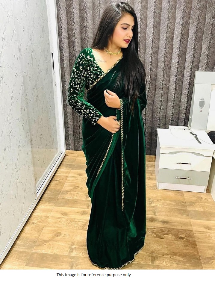 Buy Bollywood model green velvet designer saree in UK, USA and Canada