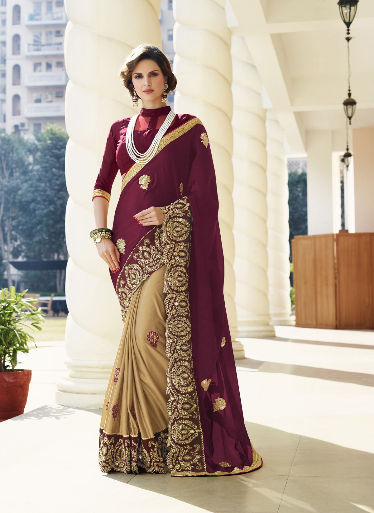 cream and maroon bridal saree