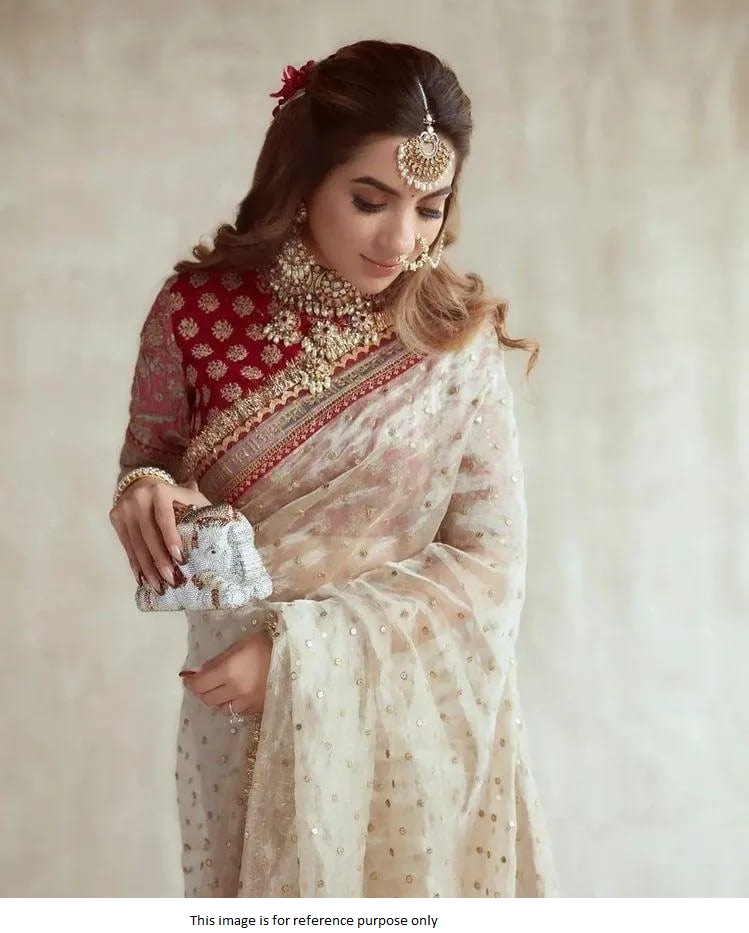 Buy Bollywood Sabyasachi inspired beige and red silk based wedding saree in  UK, USA and Canada