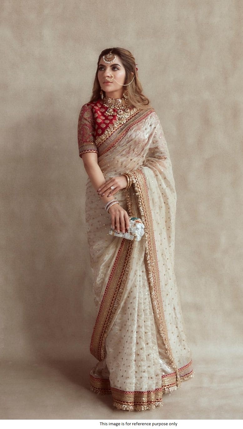 Buy Bollywood Sabyasachi inspired beige and red silk based wedding saree in  UK, USA and Canada