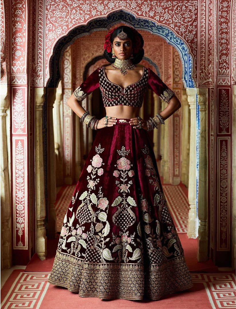 sabyasachi maroon velvet lehenga