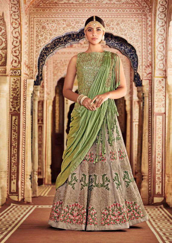 Buy Green and beige Silk and net Indian wedding lehenga in UK, USA and ...