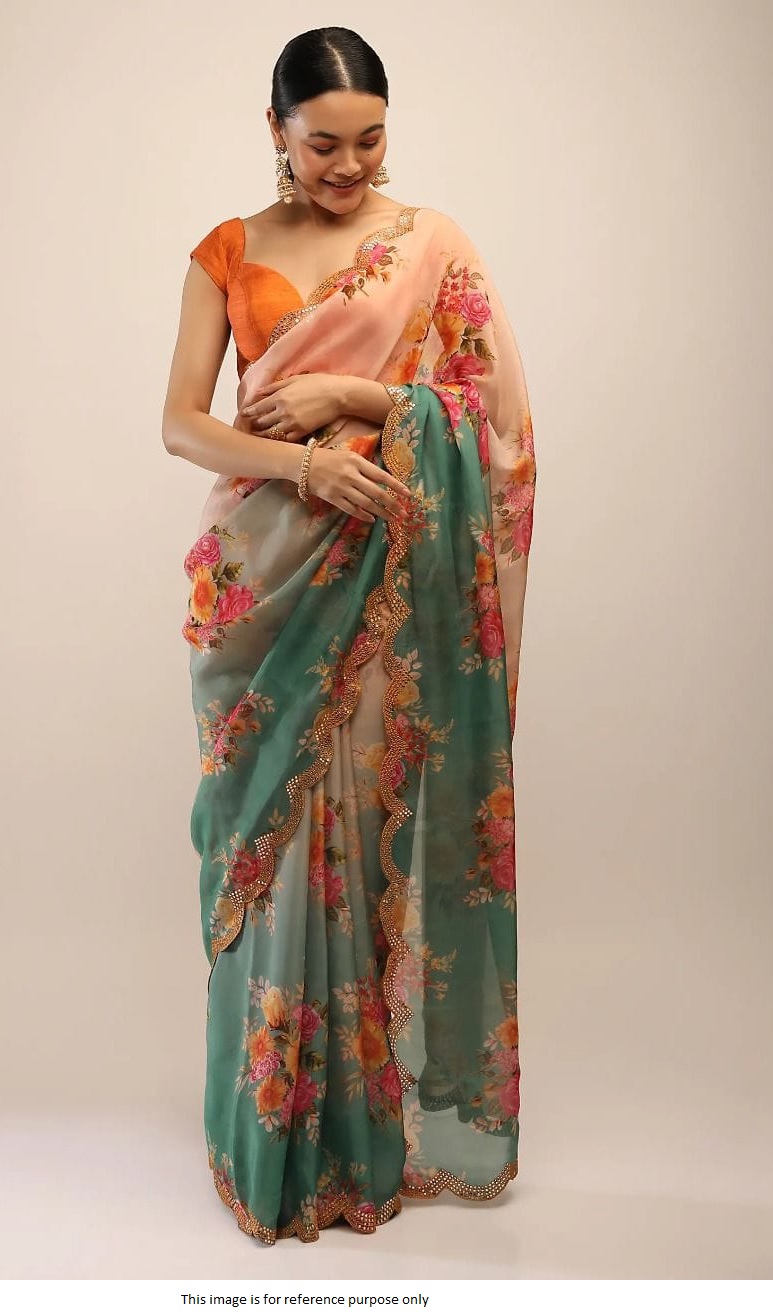 Buy Bollywood Model Pure silk double shaded Green and Orange ...
