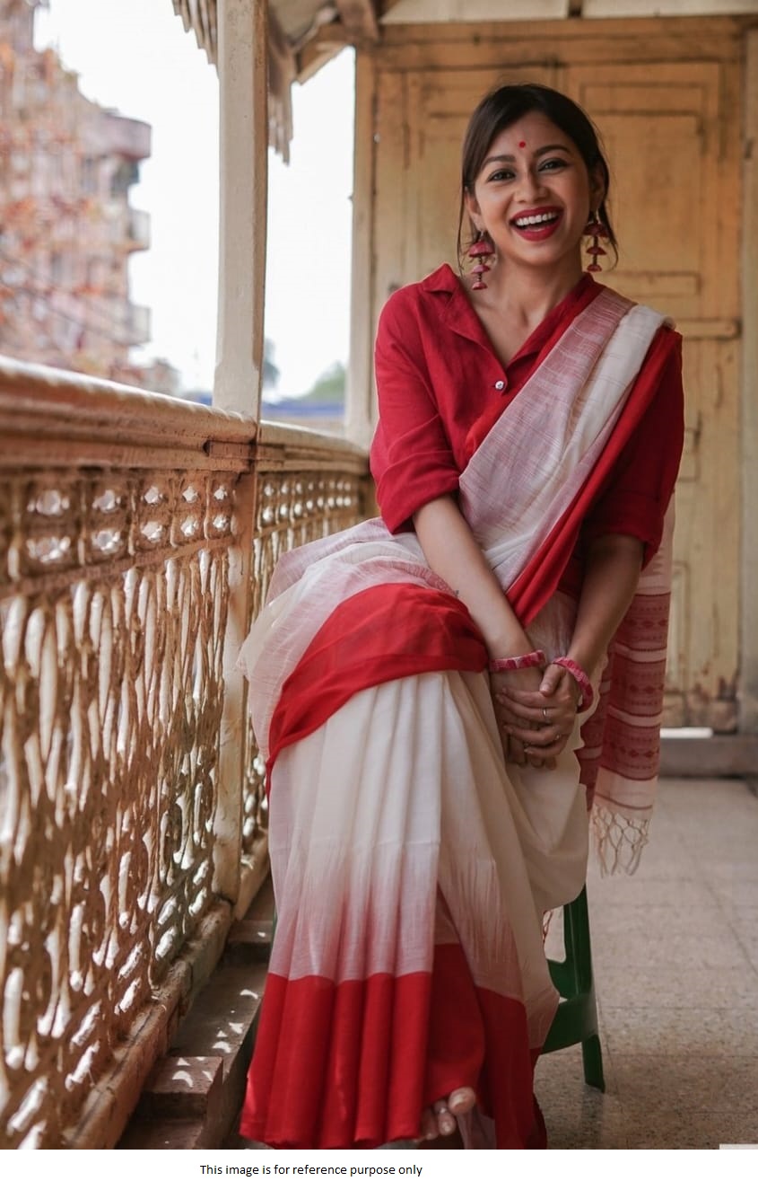 Buy Bollywood Model White and Red Bengali saree in UK, USA and Canada