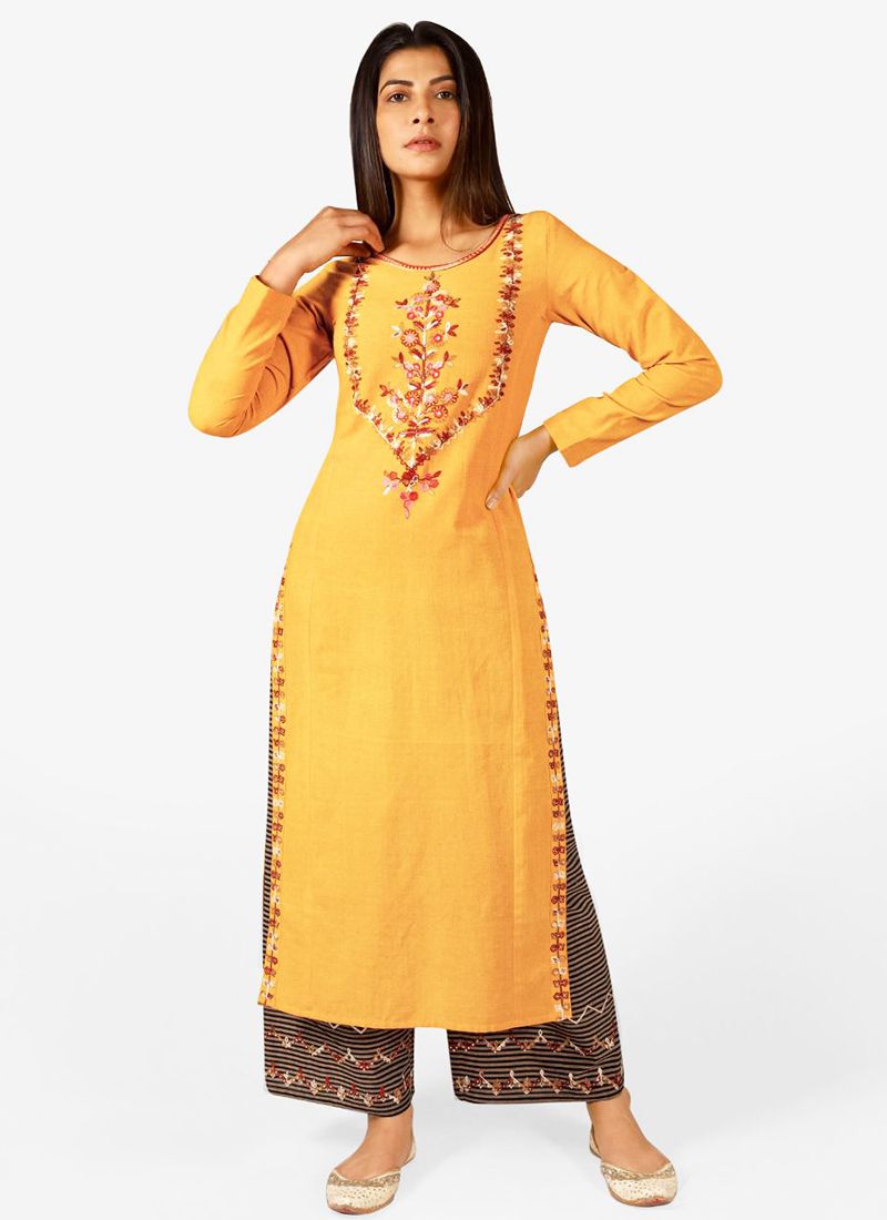 Buy Pale Yellow Cotton Slub Kurti With Palazzo Pant Online - LKV0055 |  Andaaz Fashion