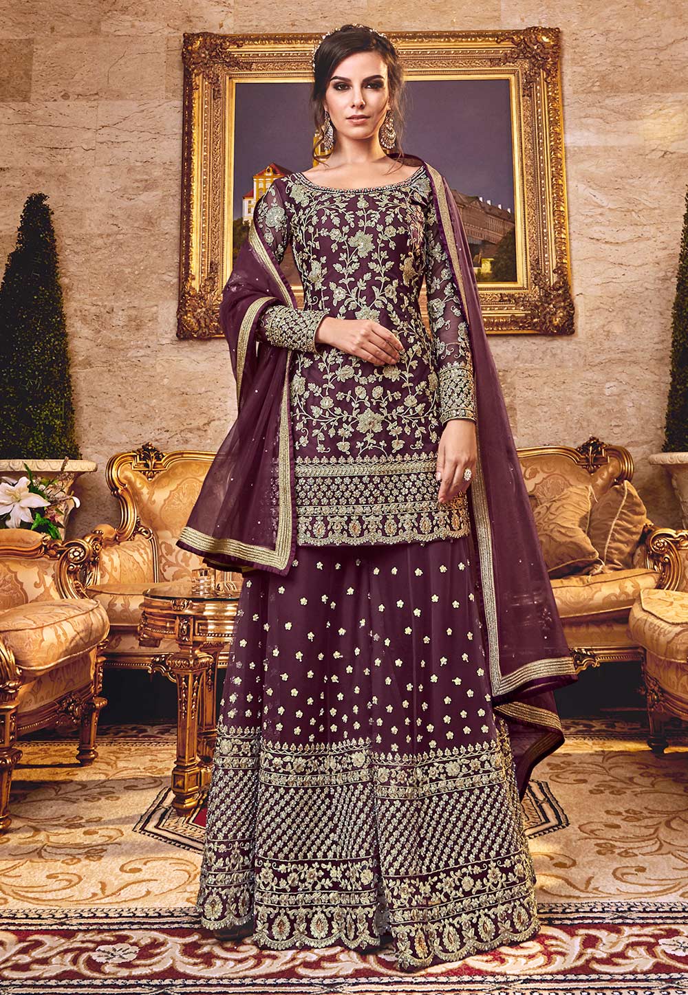Buy Purple net Wedding palazzo wear suit in UK USA and Canada