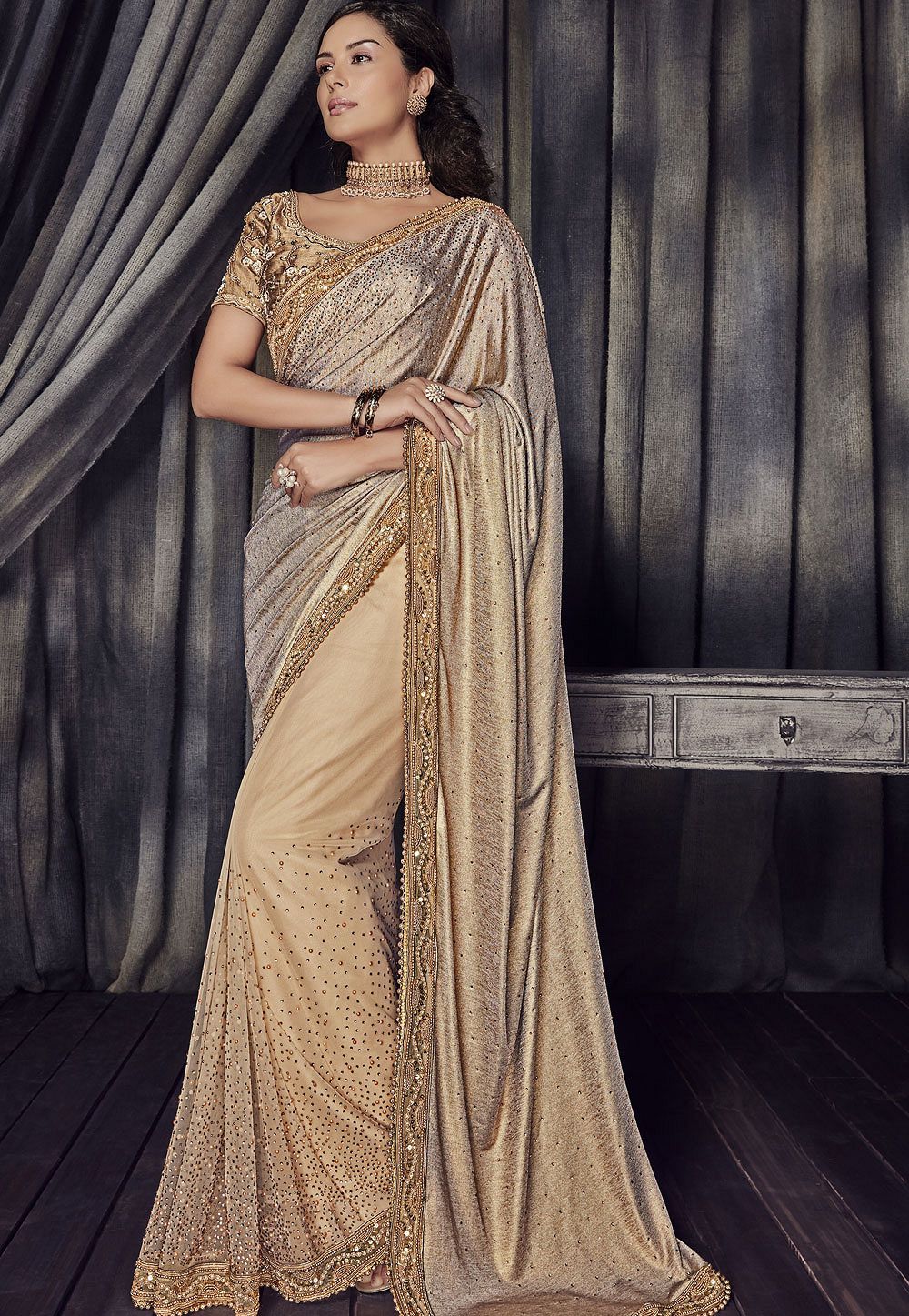 golden colour saree party wear