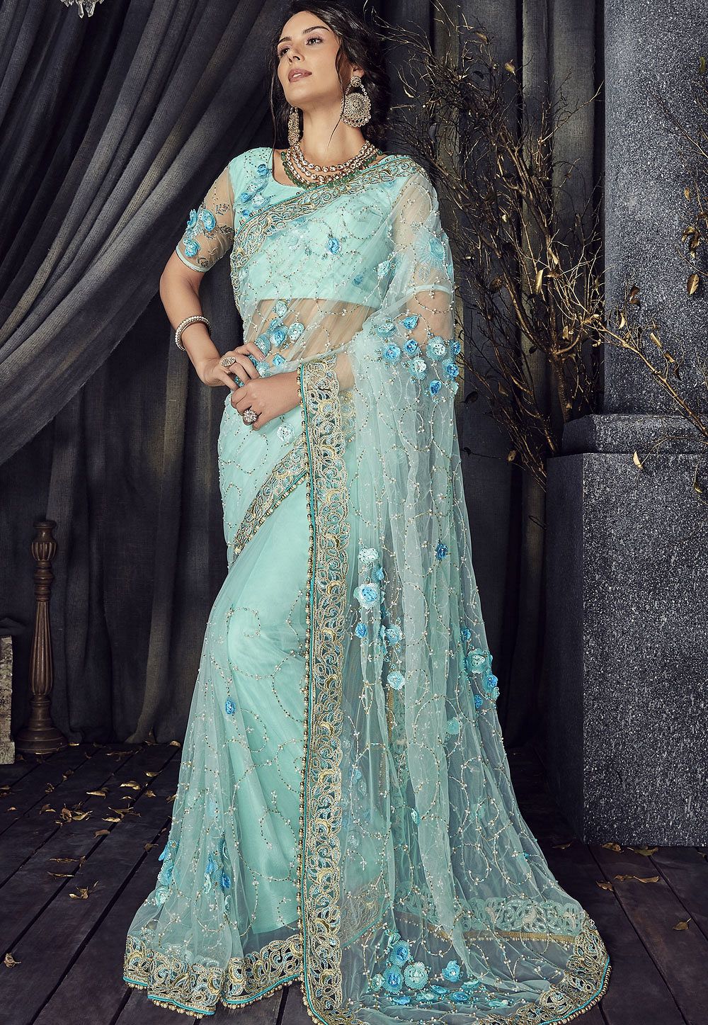 sky blue saree party wear