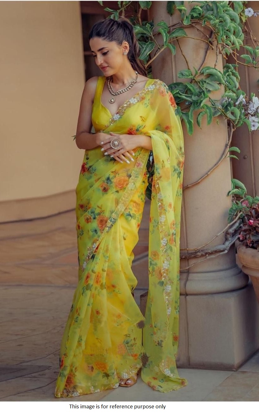 Buy Bollywood model Yellow organza silk saree in UK, USA and Canada