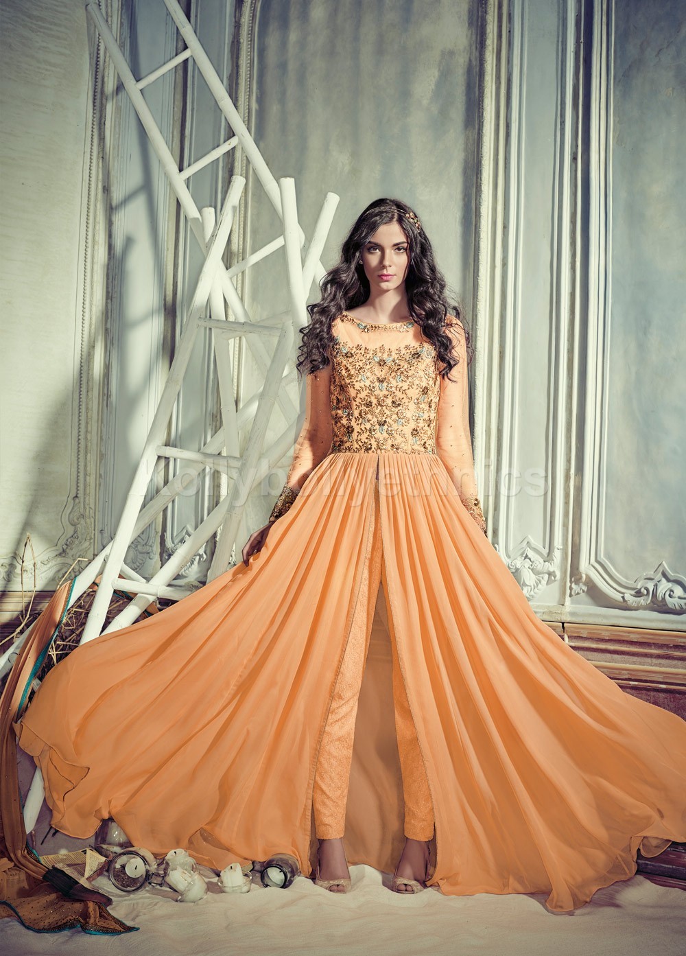 Classy Beige Butterfly Net Designer Party Wear Salwar Suit With Beige American Crepe